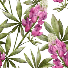 Blooming lupine flowers with green leaves watercolor seamless pattern on transparent background. Realistic botanical drawing of magenta pink lupines for spring and summer prints, fabrics, packaging