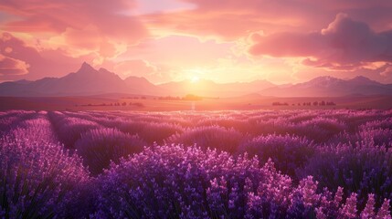 Twilight lavender fields  expansive hd landscape with sunset glow and vibrant tones