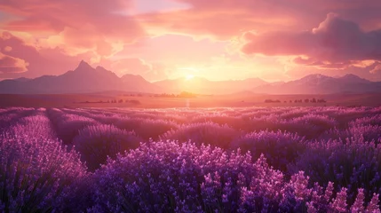 Abwaschbare Fototapete Purpur Twilight lavender fields  expansive hd landscape with sunset glow and vibrant tones