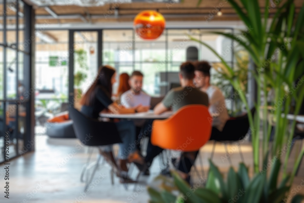 Poster blurred photo capturing the dynamic atmosphere of a modern open-plan office with people engaged in d