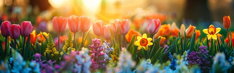 Fototapeta premium Colorful Flowers Field Under Sunlight
