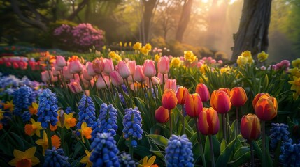 Vibrant Field of Colorful Flowers With Trees in Background