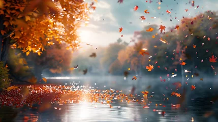 Tafelkleed A tranquil autumn scene with leaves falling gently to the ground © MuhammadInaam