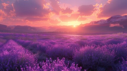 Vivid lavender fields at dusk in high definition, sun setting with warm hues, picturesque landscape