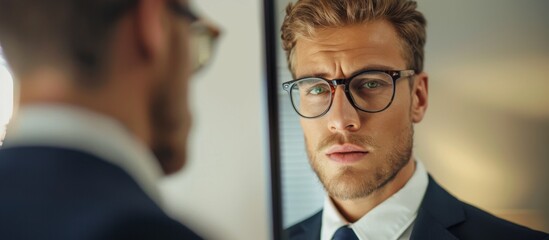 Man in suit and tie admiring his reflection in mirror