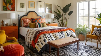 An eclectic bedroom with mismatched furniture, vibrant patterns, and an assortment of decorative pillows. - obrazy, fototapety, plakaty