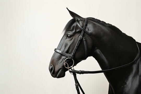horse with bridle standing in front of a white halter, in the style of monochromatic minimalist portraits сreated with Generative Ai
