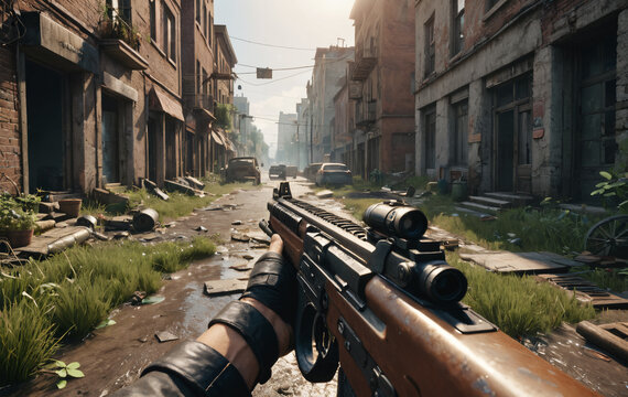 First person shooting shooter game point of view, gaming character holding rifle gun