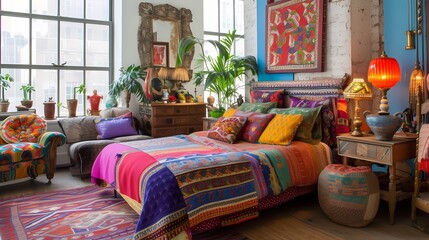 An eclectic bedroom with mismatched furniture, vibrant patterns, and an assortment of decorative pillows.