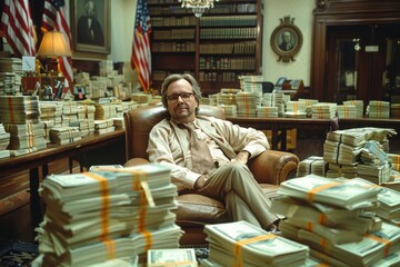 Plump government official amidst stacks of hundred dollar bills in lavish office.