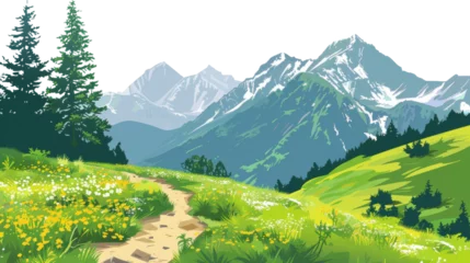 Rolgordijnen Idyllic mountain path through vibrant meadow and pine trees isolated on transparent background © David