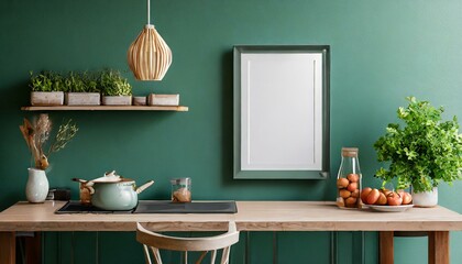Kitchen Chic: Mockup Poster Frame Adorning Empty Green Wall and background wallpaper