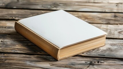 mockup of a blank book lying flat on a wooden table. Showcase the simplicity and elegance of the...