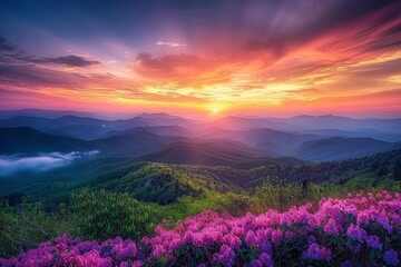 Majestic Sunset Over Mountains With Flowers