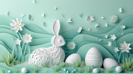 A textile Easter bunny with a paper cut design, surrounded by eggs and flowers on a background. This artistic piece showcases the beauty of rabbits and hares, perfect for the spring event AIG42E