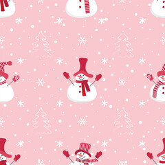 Christmas background. Winter seamless pattern with cute snowmen, fir trees and snowflakes. Vector illustration on pink background