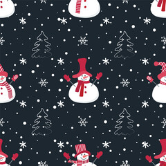 Christmas background. Seamless winter pattern with cute snowmen, fir trees and snowflakes. Vector illustration on dark blue background