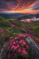 Beautiful Sunset Over Valley With Pink Flowers