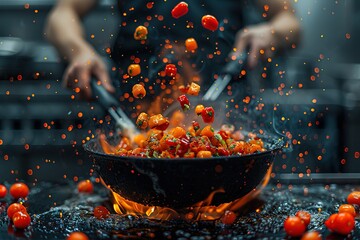 A chef is cooking in the kitchen, throwing colorful peppers into an empty black wok with flames coming out of it.