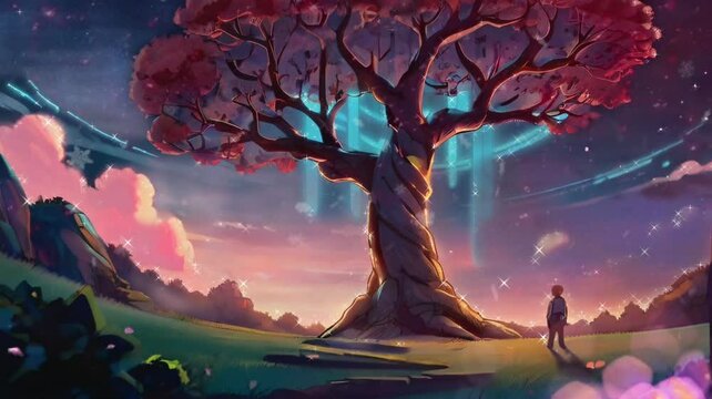 Animation of a large cherry blossom tree sky background with a small child underneath in Japanese anime watercolor painting illustration style. smooth looping video animation background
