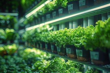 A vertical farm with rows of green plants growing inside white pipes - obrazy, fototapety, plakaty