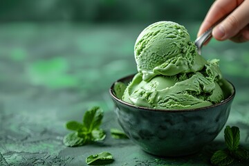 A scoop of green ice cream is on a green background - Powered by Adobe