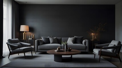 Cozy modern sitting room interior design with dark grey wall