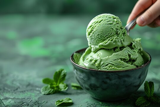 A scoop of green ice cream is on a green background
