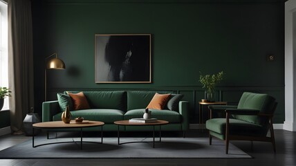 Cozy modern sitting room interior design with dark green wall