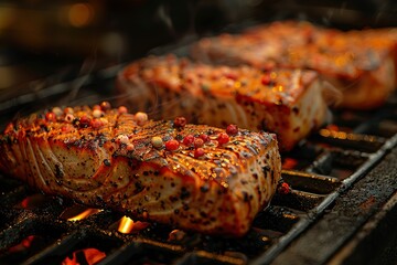 Closeup of tuna on the grill, sprinkled with pink pepper and sea salt. - obrazy, fototapety, plakaty