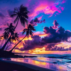 Stunning Sunset Over Tropical Beach With Palm Trees