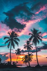 Fototapeta na wymiar Palm Trees Silhouetted Against Colorful Sunset