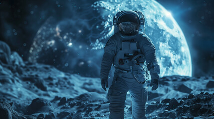 Lunar Solitude. An astronaut stands on the desolate lunar surface, gazing at Earth against the backdrop of the cosmos - obrazy, fototapety, plakaty