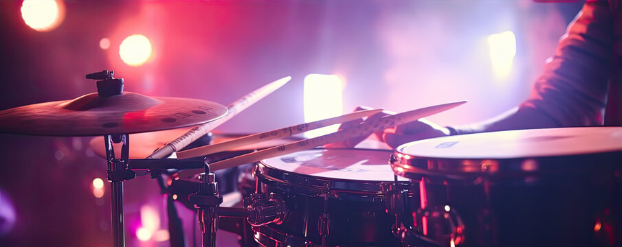 Drummer performing on stage with vivid backlighting