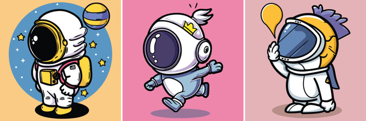 Obraz premium Cute and funny astronauts cartoon characters vector illustration collection 
