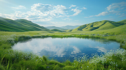 A tranquil pond nestled amidst rolling green hills