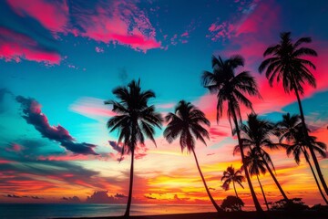 Fototapeta premium Sunset With Palm Trees and Ocean