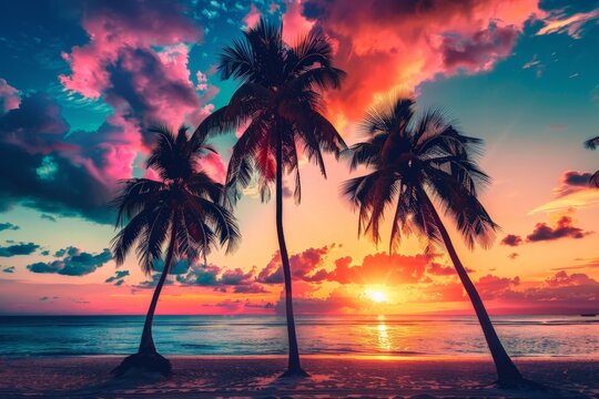 Three Palm Trees on a Beach With a Sunset in the Background