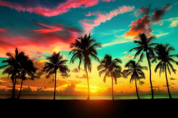 Fototapeta na wymiar Majestic Sunset With Palm Trees and Ocean