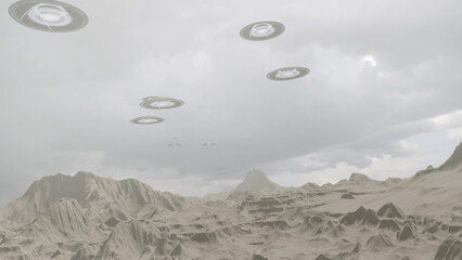 UFO saucers fleet flying fast above desert landscape
Alien sci-fi fantasy concept, 4K, 2024
