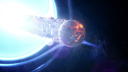 Massive black hole sucks alien planet

3D rendering of large Black Hole pulling planets, sci-fi concept, 2024

