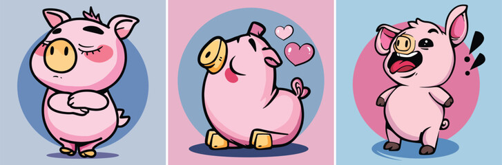 Funny pink pigs cartoon characters vector illustration in pastel colors