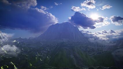 Alien planet with green rocky mountains, aerial
3d rendering of alien rocky world, 4K, 2022
