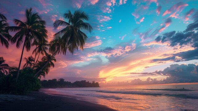 Beautiful Sunset at Tropical Beach With Palm Trees