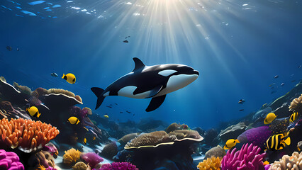A majestic killer whale swims next to colorful coral reef. Sun shines through surface of the ocean. Generative AI.