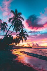 Fototapeta na wymiar Stunning Sunset on Tropical Beach With Palm Trees