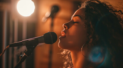 Young Black Woman Singing In A Recording Studio