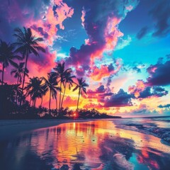 Fototapeta na wymiar Stunning Sunset at Tropical Beach With Palm Trees