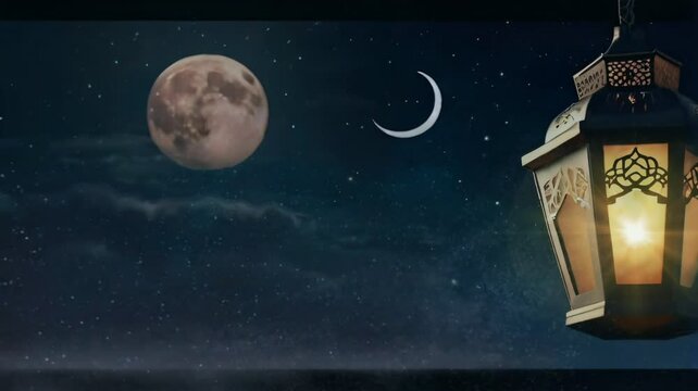 Animated background of Islamic lanterns plus moon with amazing Eid al-Fitr mubarak theme. Islamic design. 4K video