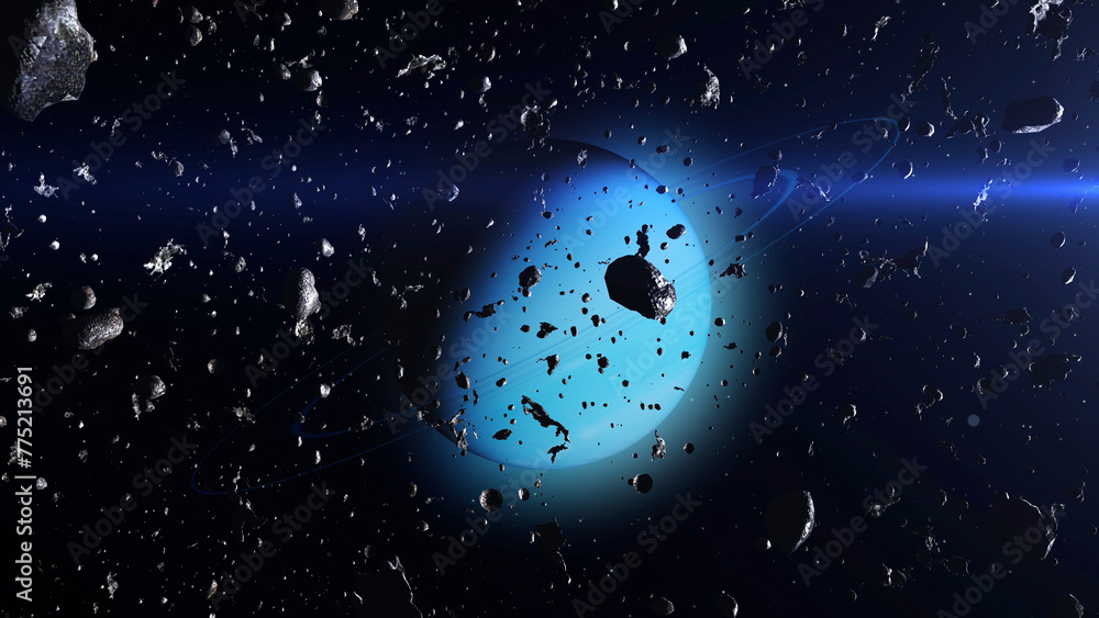 Canvas Prints camera inside asteroid field heading planet uranus outer space cinematic view, 4k, 2024